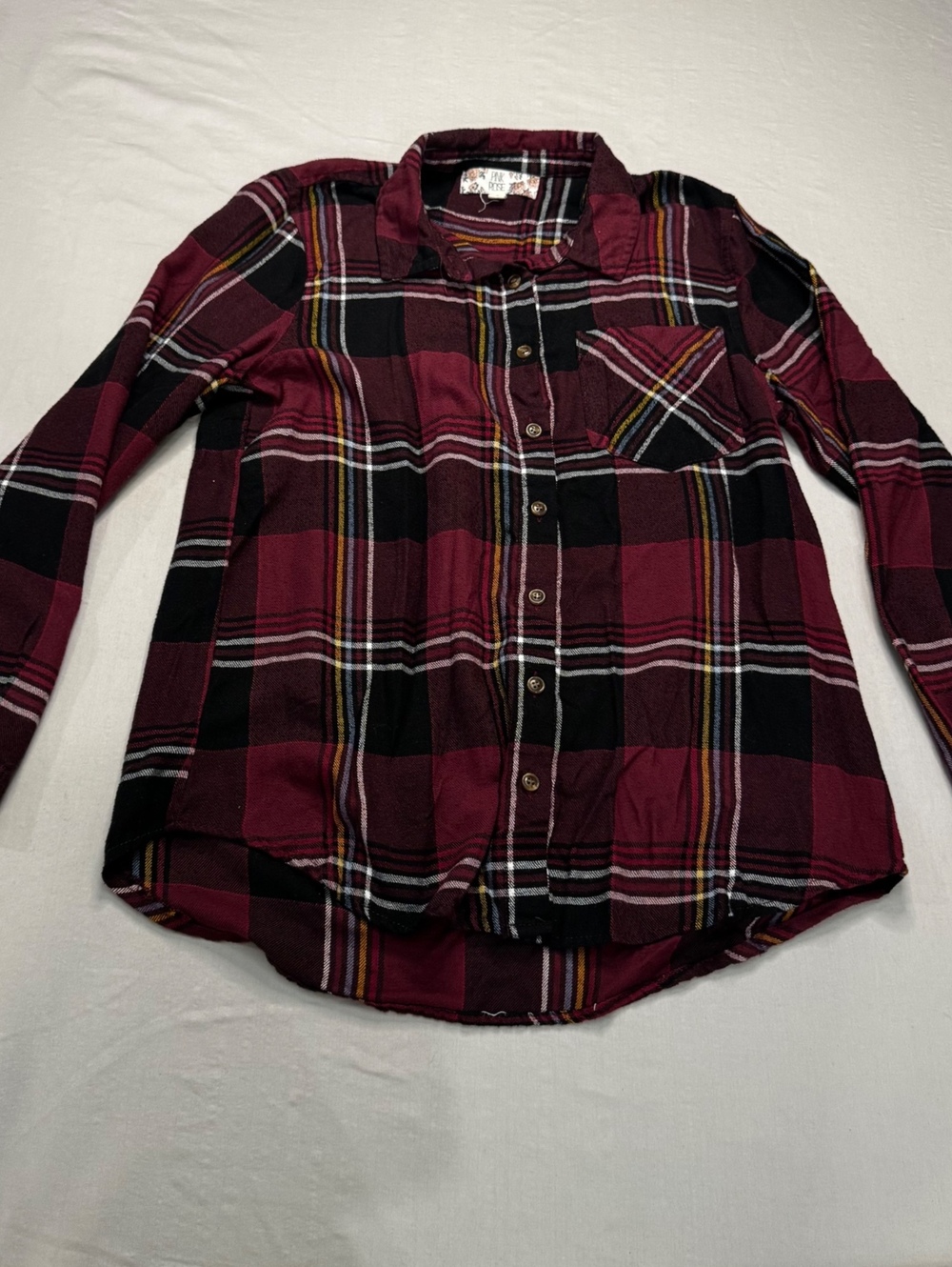 Pink Rose Women’s S Plaid Flannel Shirt Burgundy Black Button Front